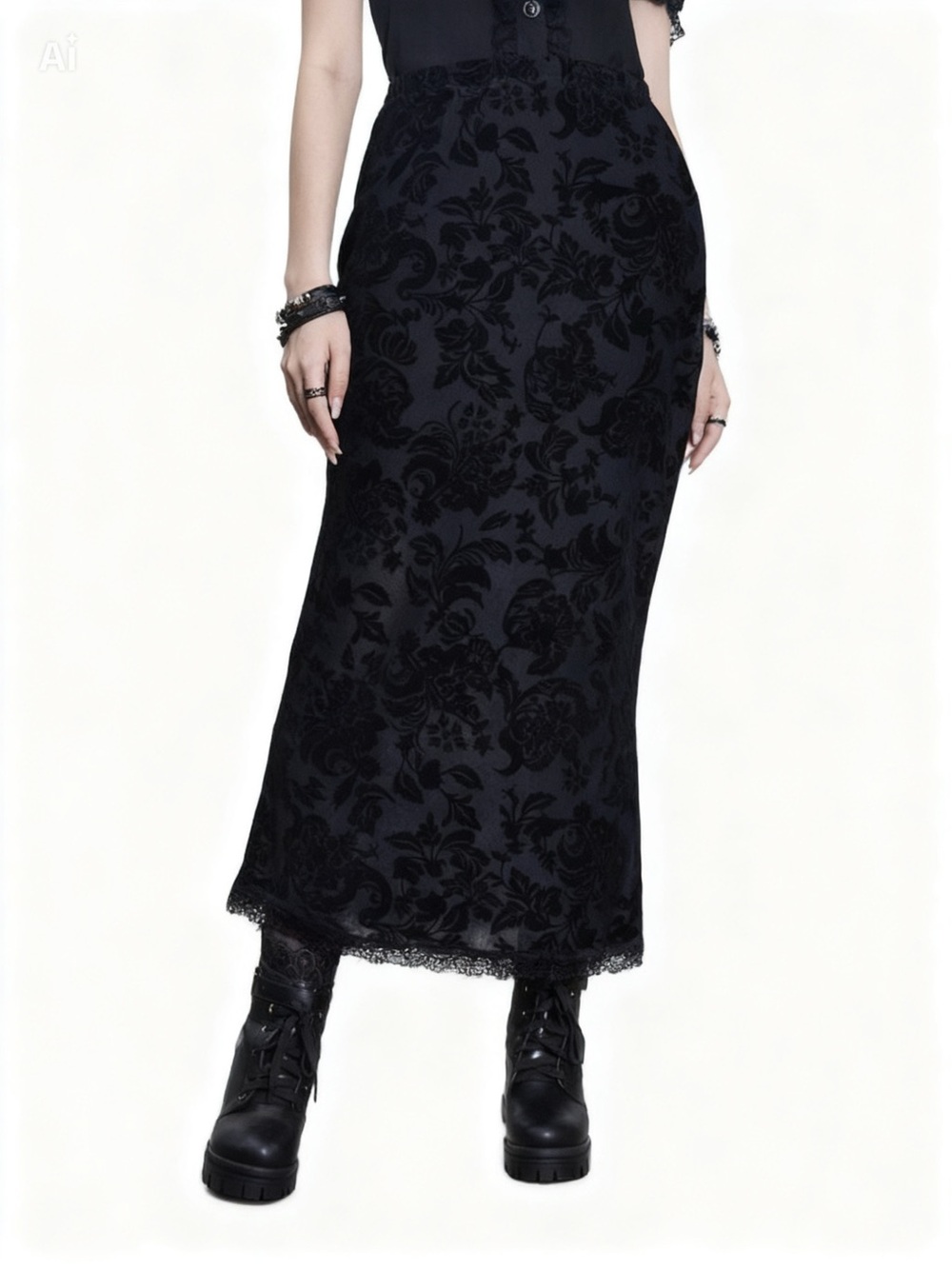 ROMWE Black Floral Velvet Maxi Skirt